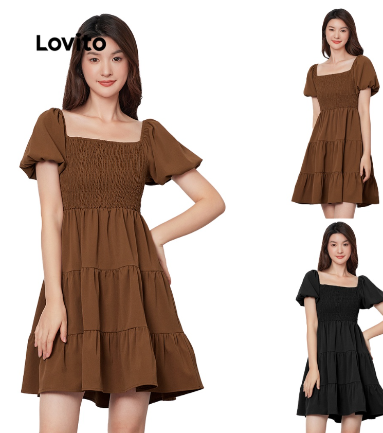 (Multi-colors)Lovito Casual Plain Shirred Puff Sleeve A-Line Dress L29ED022 (Mocha brown)