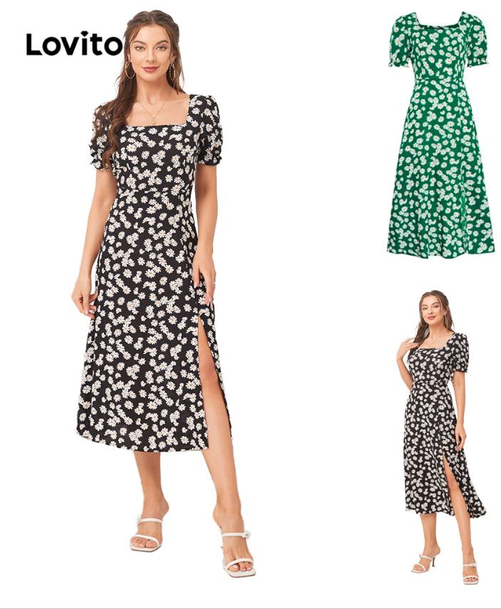 Lovito Casual Floral Print Square Neck Long Dress for Woman L11D32 (Black)