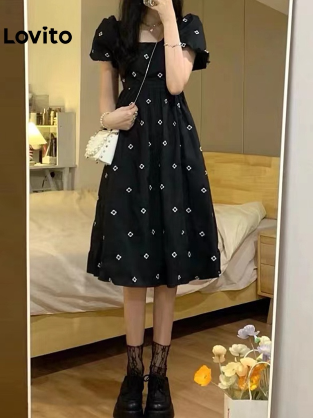Lovito Casual Floral Puff Sleeves Squared Neck Dress for Women LNE05105 (Black)