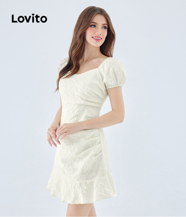 Lovito Casual Plain Ruched Ruffle Hem Puff Sleeve Dress for Women L49ED092 (Apricot)