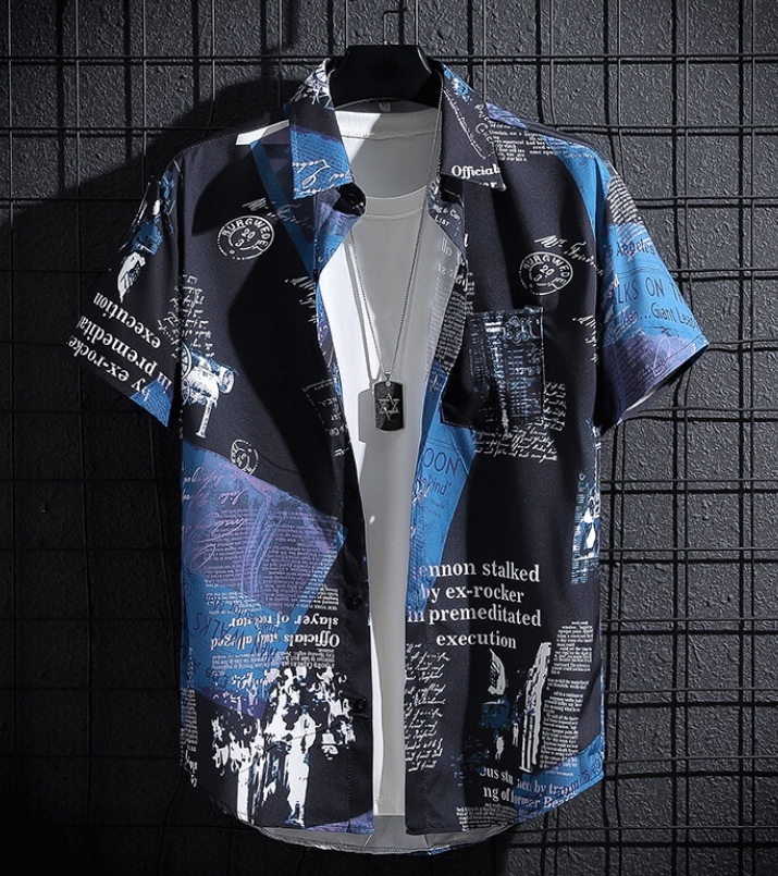 Summer Men's Short-Sleeved Newspaper Shirts, Thin Graffiti Trendy Clothes, Printed Loose INS Trendy Tops. Half-Sleeved Shirt.